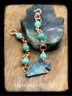 Turquoise rosary link adjustable  bracelet + Rustic patina fish charm
